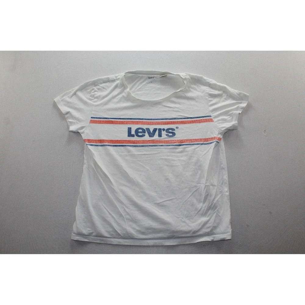 Levi's Shirt Mens Medium White Stripe Logo Graphic Tee Retro Tagless Crewneck